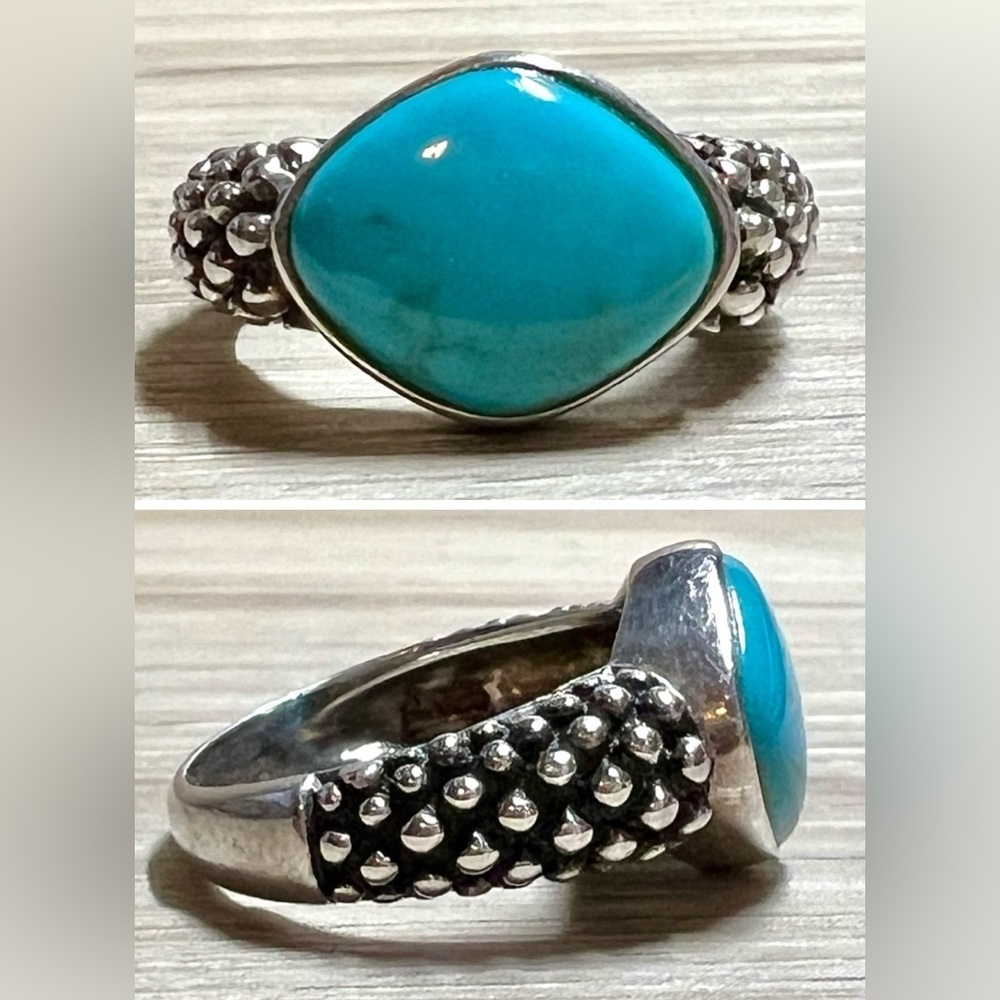 Vintage Designer Sterling Silver Pebbled Caviar Pointed Turquoise Ring, Size 6